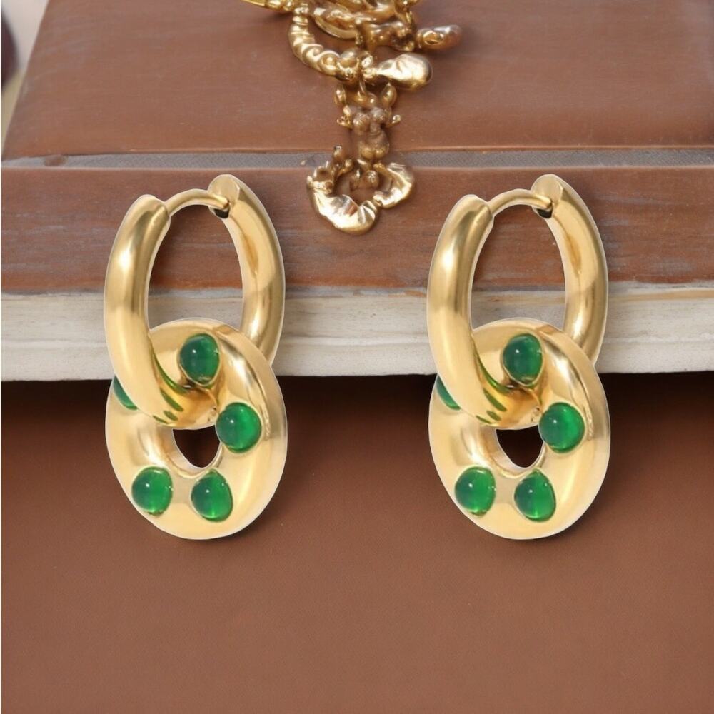 NEW 14K yellow gold stainless steel faux green agate drop earrings jewelry B20 - Picture 7 of 10
